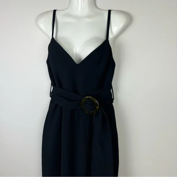 Shona Joy Andrea Fitted Cocktail Dress Black Belt Waist Midi Slit Size S 8 - Picture 6 of 11